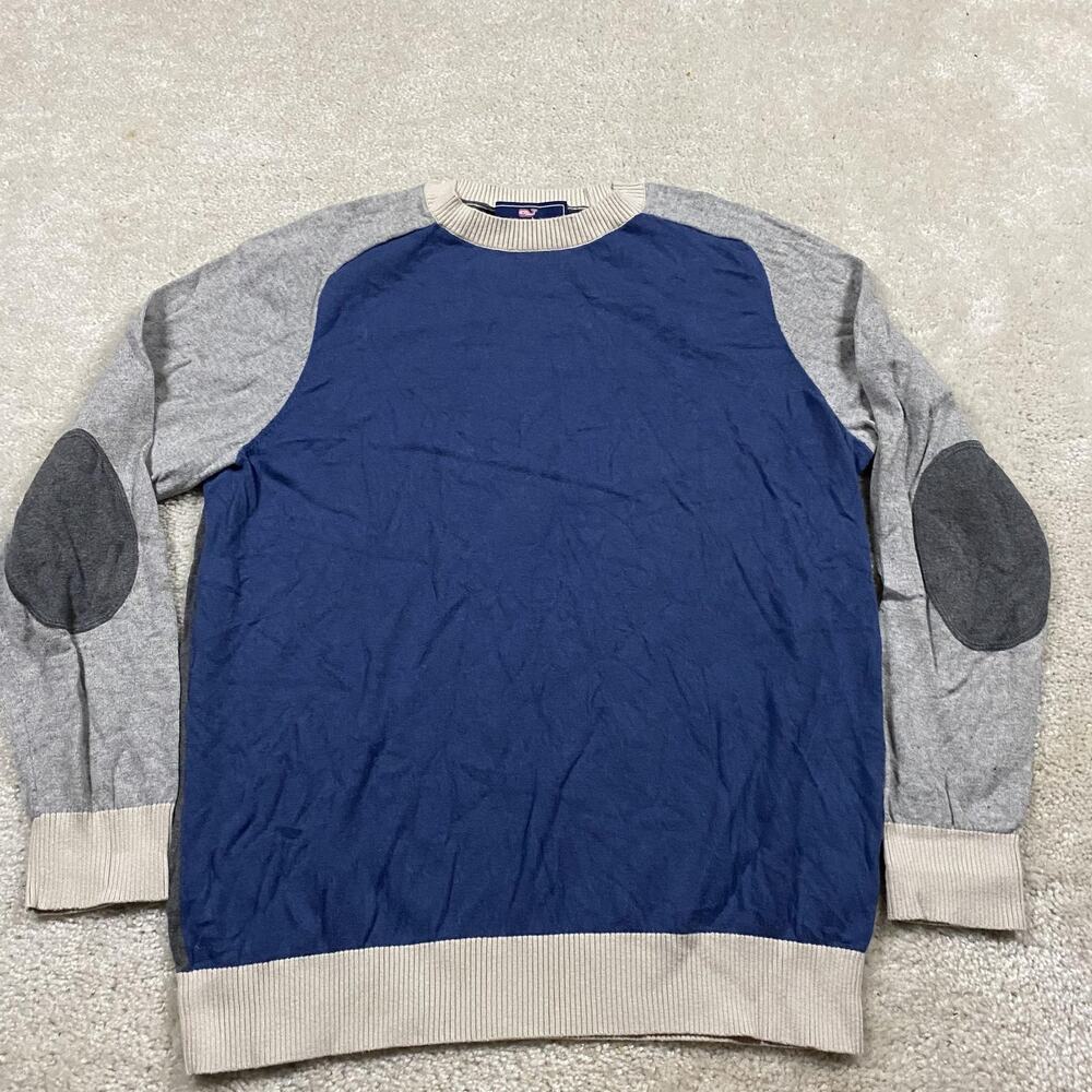 Vineyard Vines Sweater Mens L‎ Blue Gray Cotton Cashmere Crewneck Elbow Patch